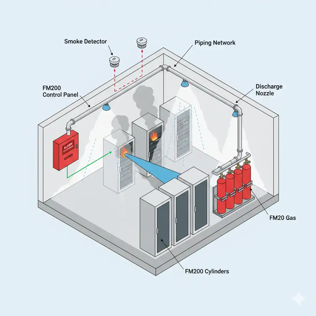Distributor FM200 - Cara kerja sistem pemadam kebakaran FM200 dalam ruangan tertutup