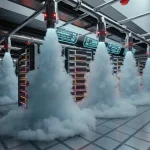 Ilustrasi sistem pemadam kebakaran Inergen lengkap dengan pipa distribusi dan nozzle