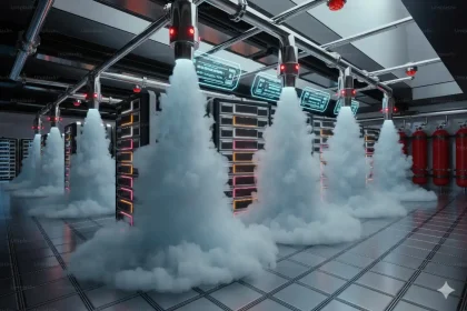 Ilustrasi sistem pemadam kebakaran Inergen lengkap dengan pipa distribusi dan nozzle