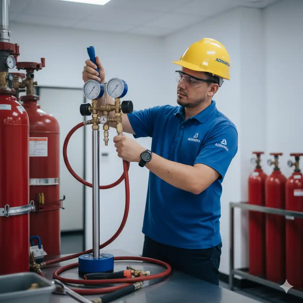 Proses refill tabung Inergen oleh teknisi bersertifikat Adiwarna Anugerah Abadi